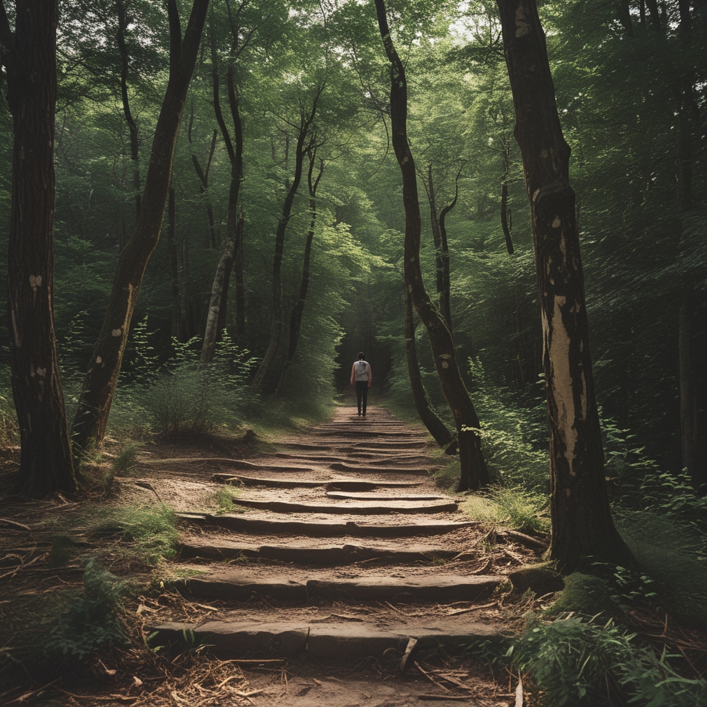 Osoba na drewnianych schodach prowadzących przez las, widok od dołu ku górze, lekkie mglistość powietrza, zielone korony drzew, symbolizujące siłę i wytrwałość