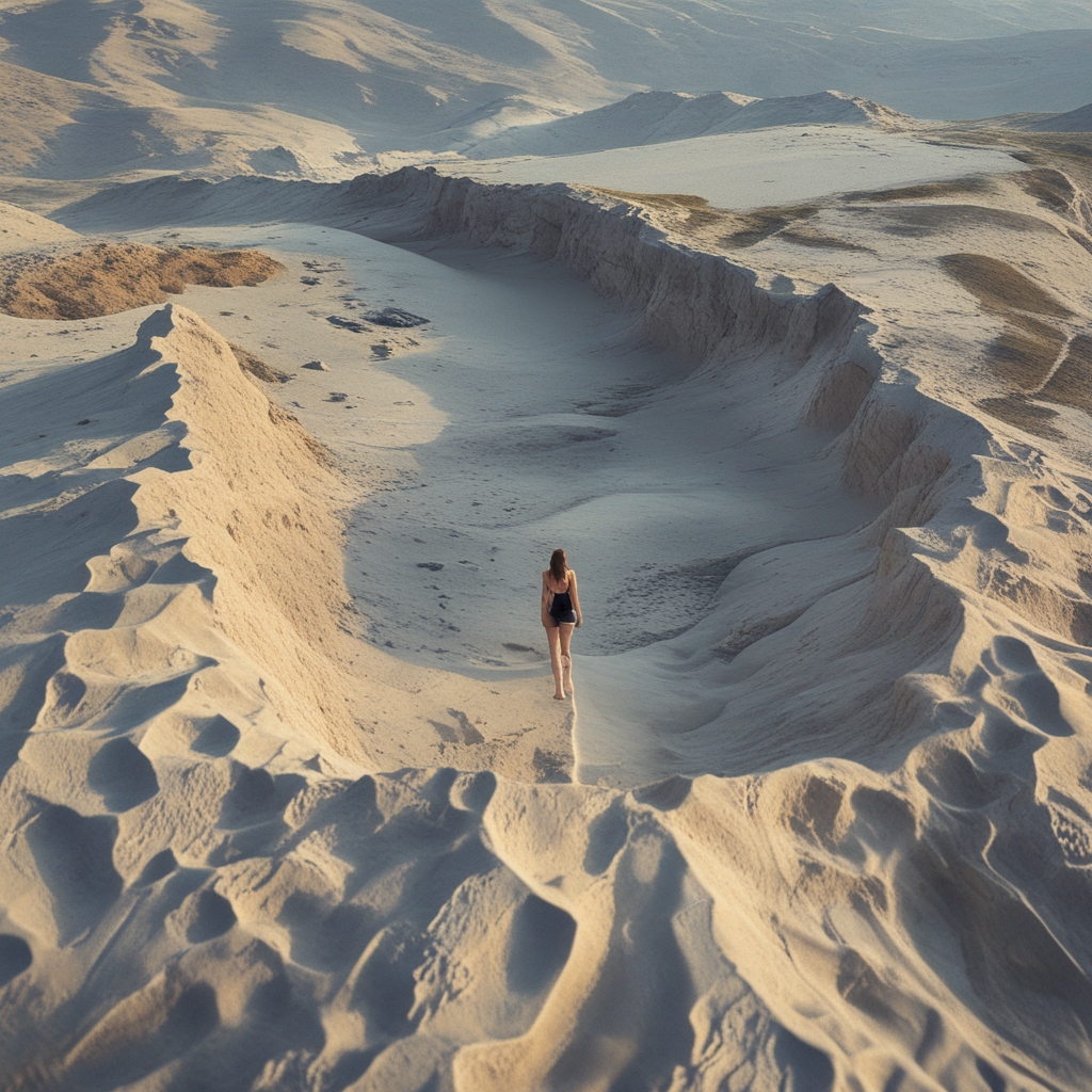 Sylwetka osoby wykonującej głęboki skłon w kierunku słońca zachodzącego za horyzontem, rozległe pole trawy, dramatyczne złoto-granatowe niebo, kontur ciała podkreślony ciepłym, bocznym światłem