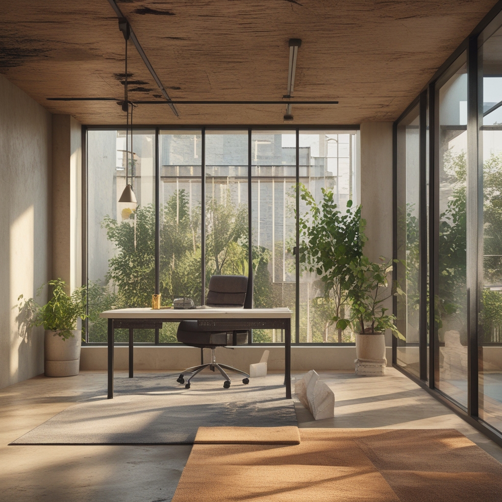 Nowoczesne biuro z ergonomicznym stanowiskiem pracy, regulowane krzesło i biurko, duże okno z naturalnym światłem, rośliny doniczkowe, spokojne i uporządkowane otoczenie