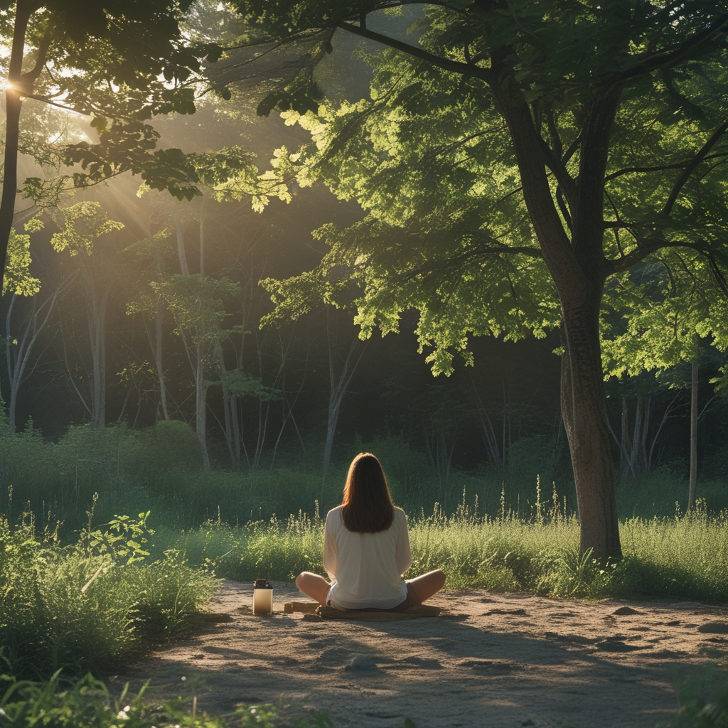 Osoba siedząca w ciszy w lesie iglastym, delikatne światło przebijające przez korony drzew, mglisty poranek, spokojne kolory zieleni i szarości, nastrój refleksji i skupienia
