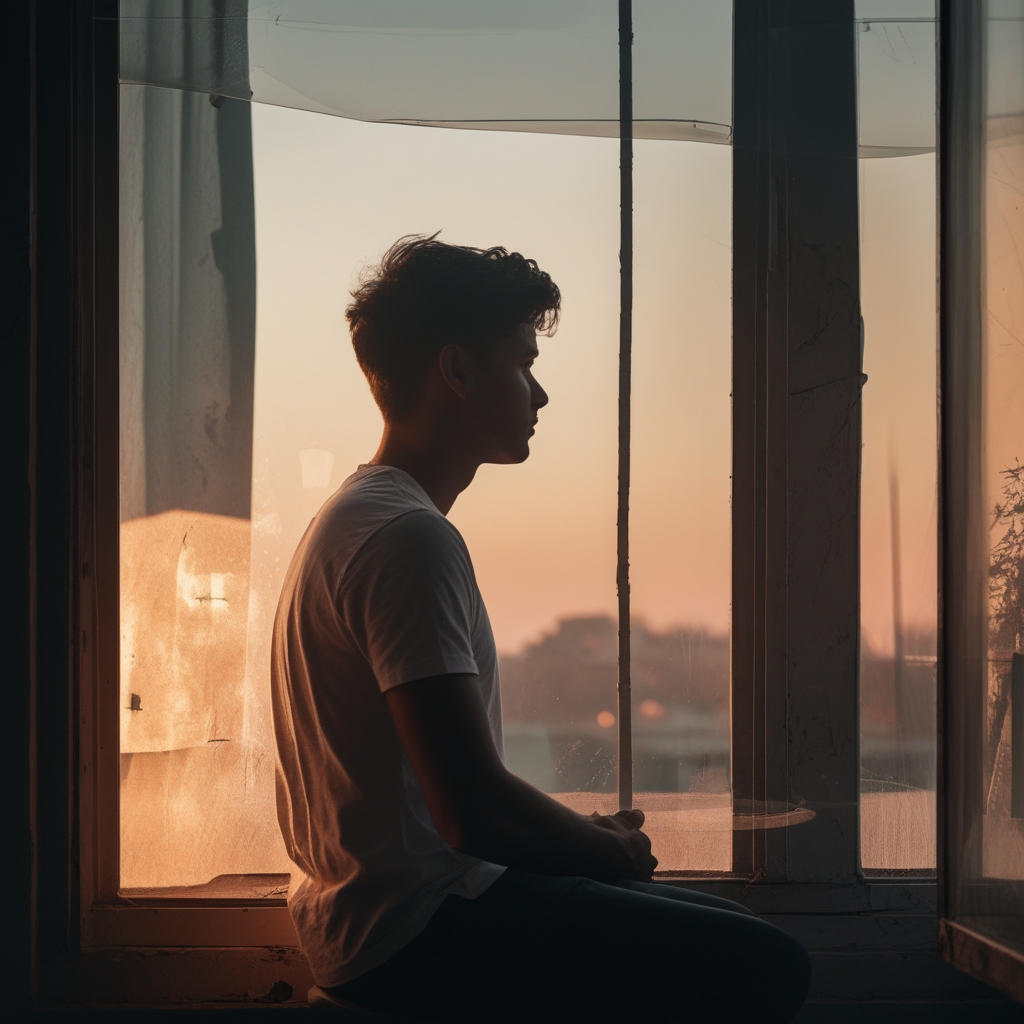 Profil osoby stojącej przy oknie, wyprostowana sylwetka z wyraźnym zarysem kręgosłupa, miękkie, boczne światło wpada przez szybę, spokojne wnętrze z drewnianymi elementami